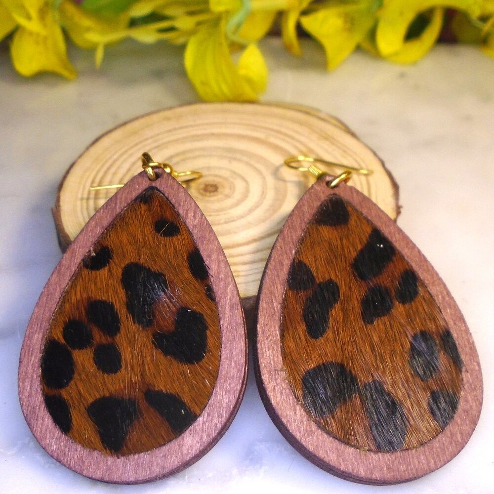 NWOT Big Leopard print Cowhide drop dangle earrings, eco wood & leather handmade